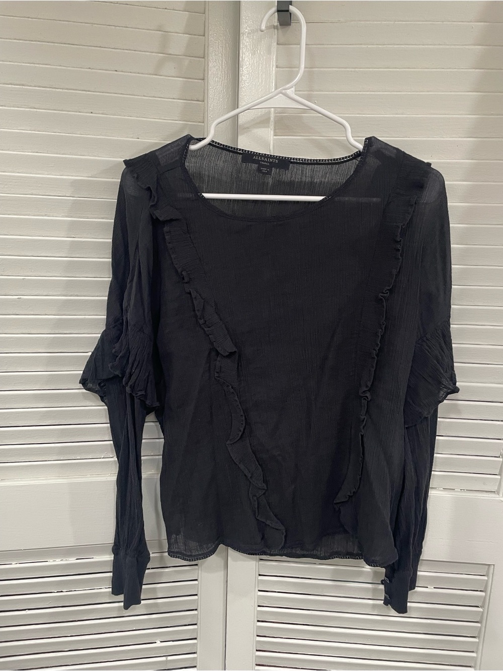 All Saints Black Ruffle-Trim Long Sleeve Top size s oversized
